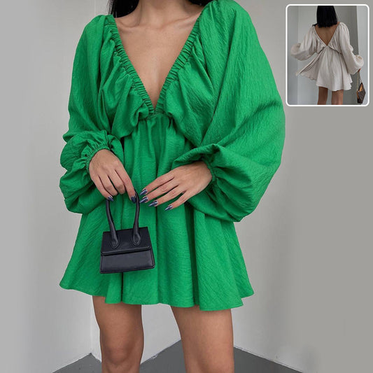 V-neck Lantern Sleeve Dress Fashion Loose Long-sleeved Dresses For Women Clothing