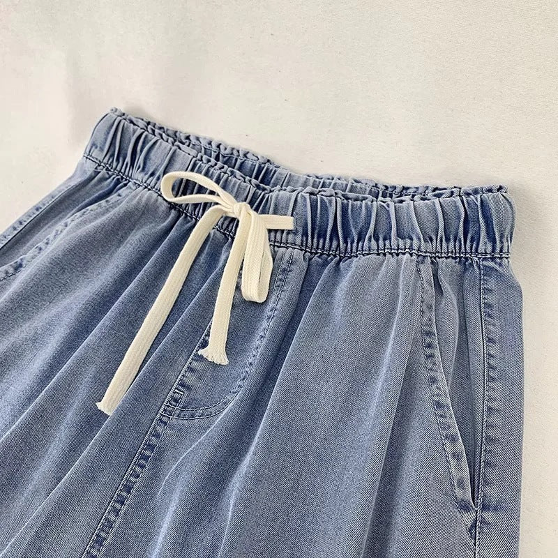 Women's Fashion Denim Drawstring Wide-leg Pants