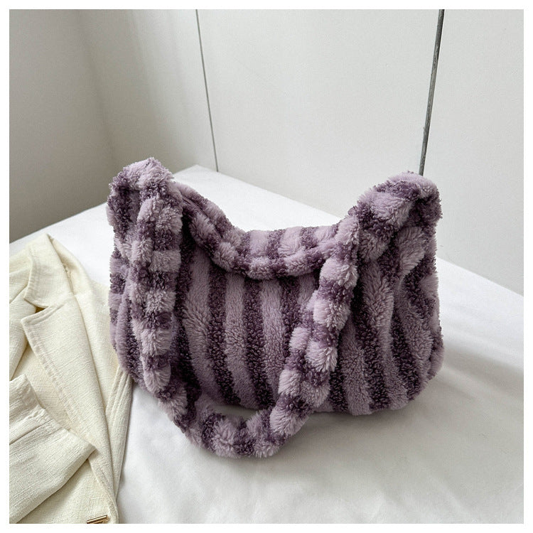 Large-capacity Striped Plush Bag Winter New Fashion Portable Tote Shoulder Bags Shopping Furry Handbags For Women