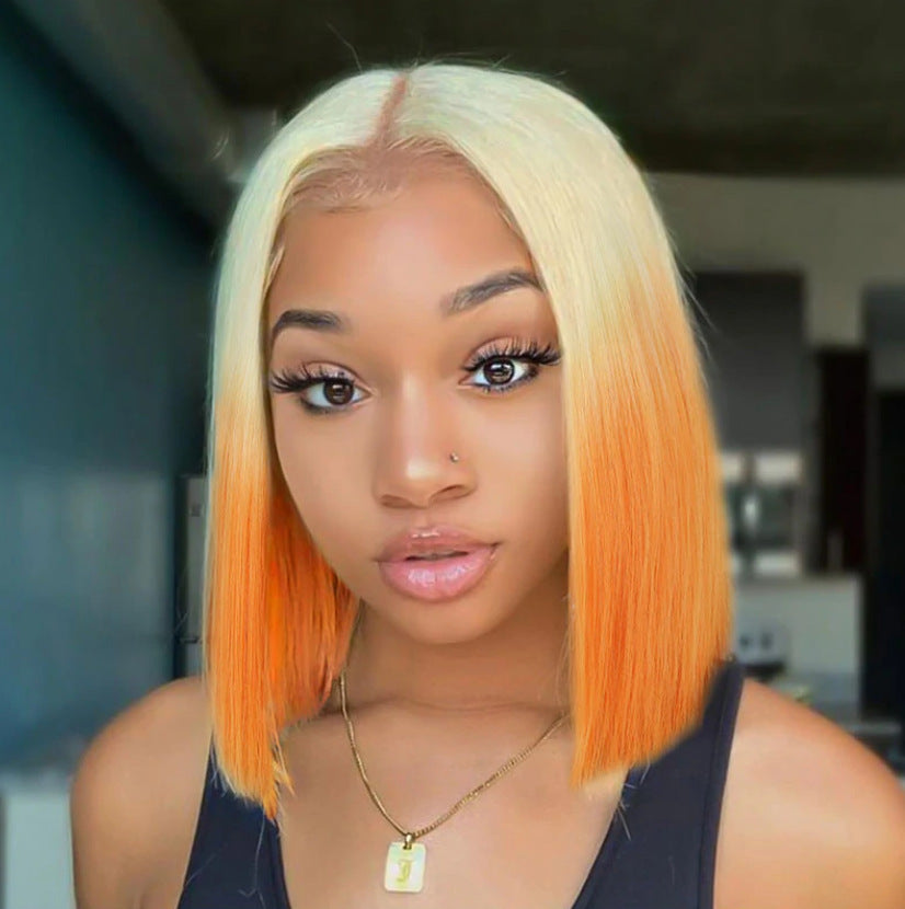 European And American Style Wig Orange Gradient Short Straight Hair Bobhaircut Mid-length Lace Headgear