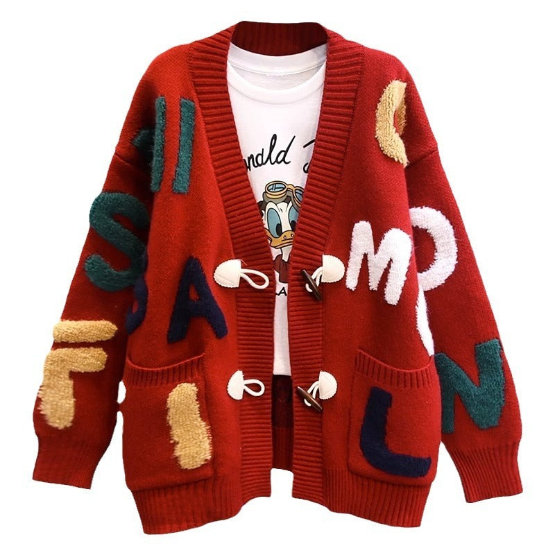 Horn Button Letter Sweater Coat For Women