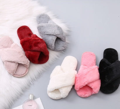 Winter Women Home Slippers With Faux Fur Fashion Warm Shoes Woman Slip On Flats Female Slides Black Plus Size