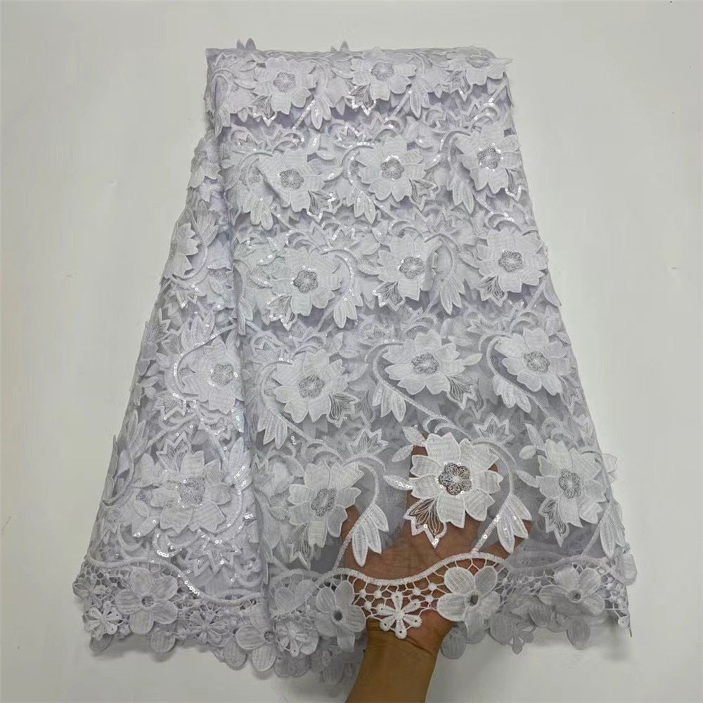 Water Soluble Lace With Sequins Embroidered Flower Texture Mesh Fabric