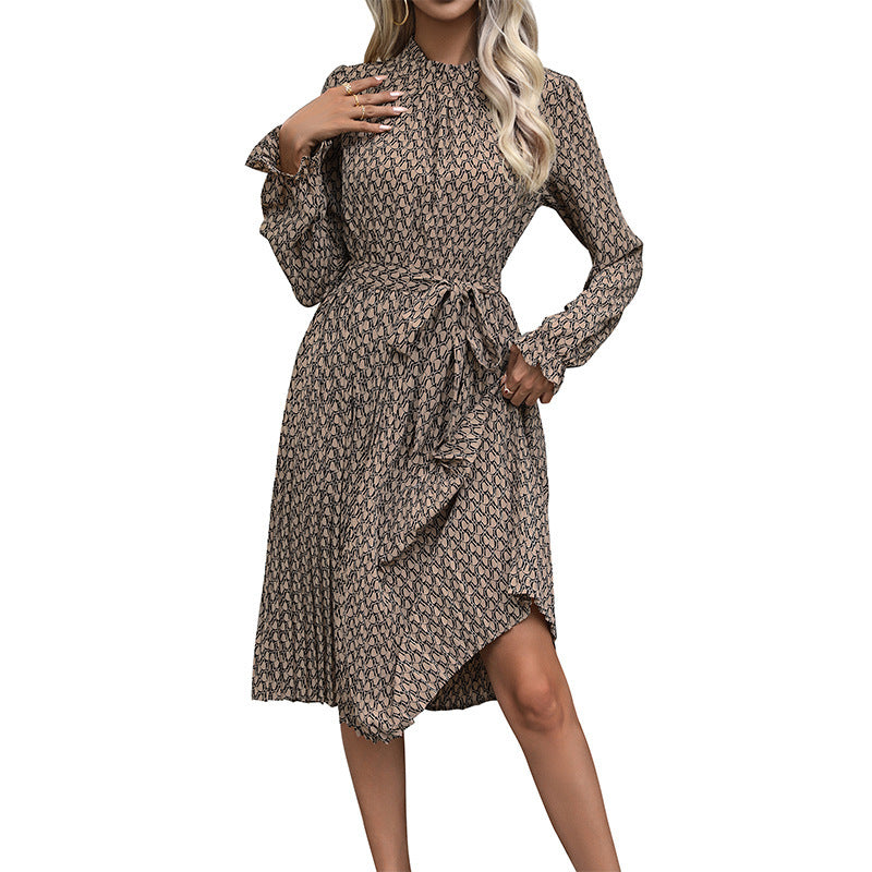 Women's Ruffled Printed Long Sleeve Lace-up Dress