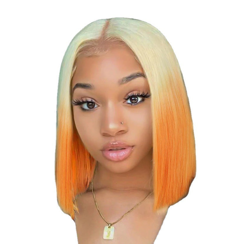 European And American Style Wig Orange Gradient Short Straight Hair Bobhaircut Mid-length Lace Headgear