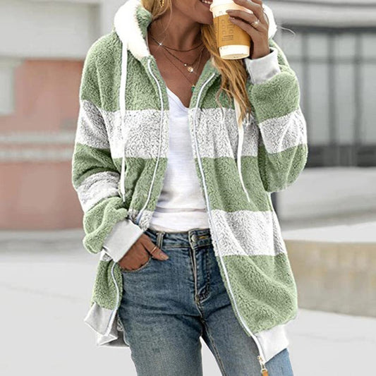 Plush Multicolor Patchwork Hooded Coat Women