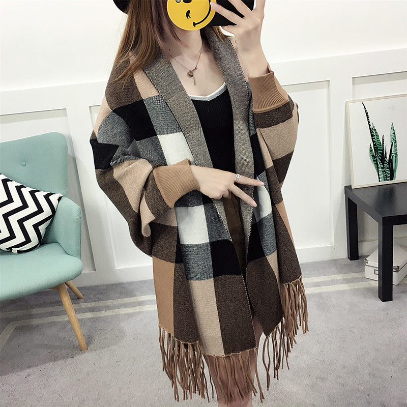 Cape style shawl fringed sweater coat women