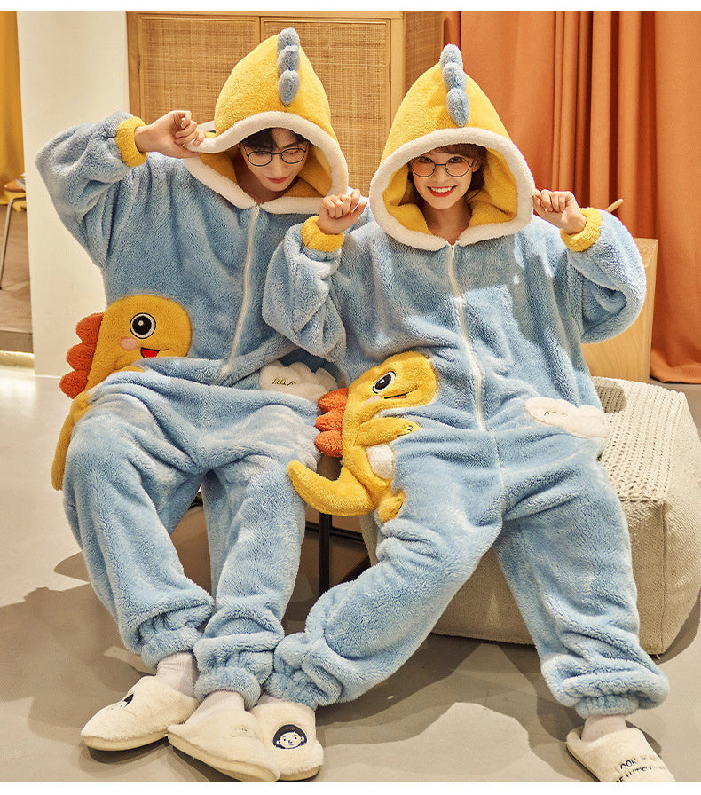 Cute Cartoon Jumpsuit Homewear Couple One-piece Nightgown Coral Fleece Winter Thickened Plush Pajamas For Women Home Clothes