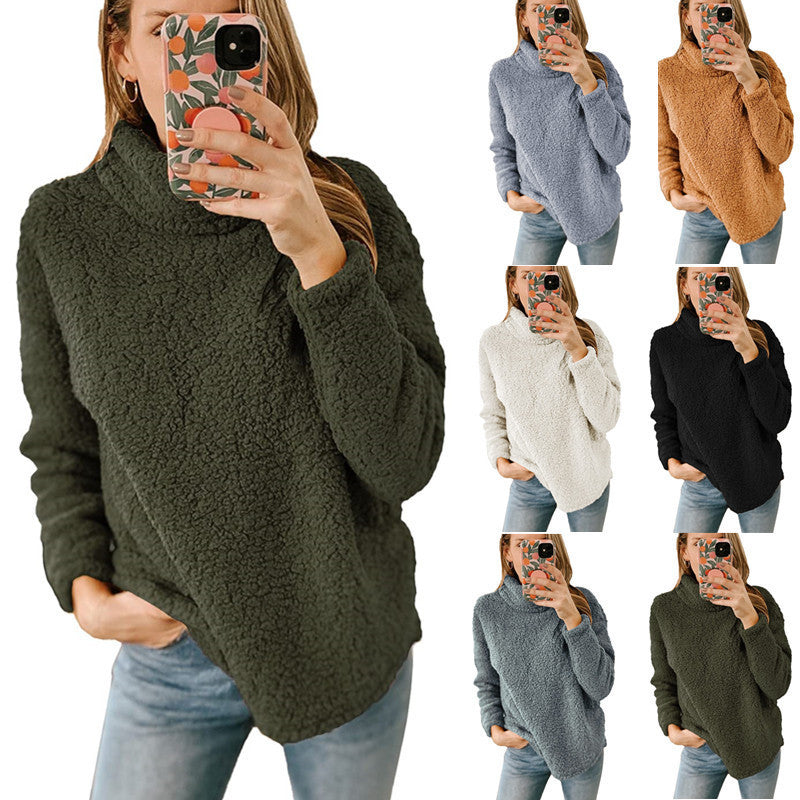 Women's Clothing New Furry Turtleneck Solid Color Hoodie Plush Top Women