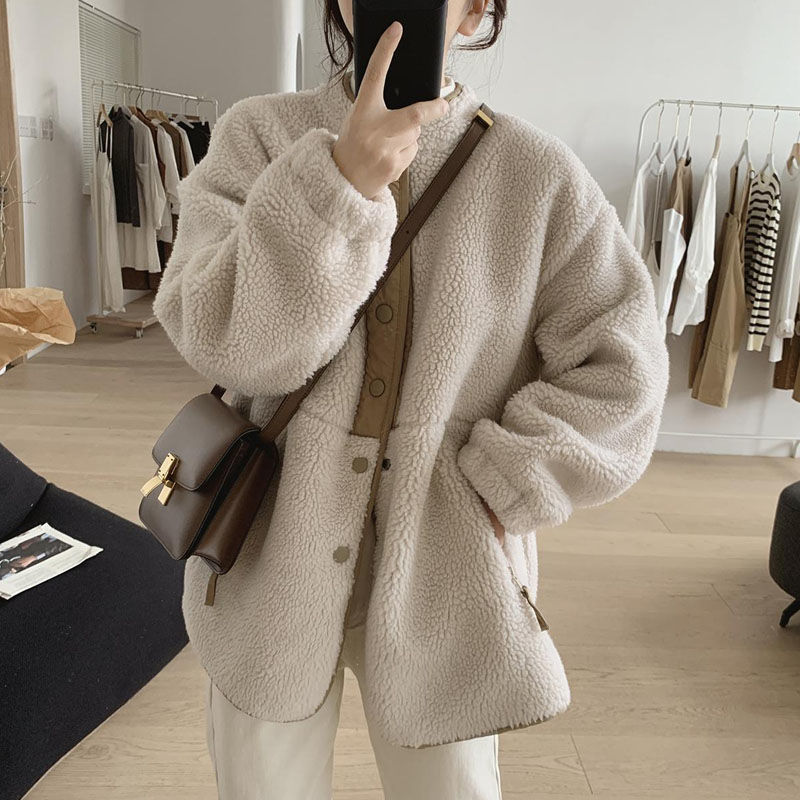 Lamb Wool Coat For Women Winter New Loose Slimming Stand Collar Padded Coat