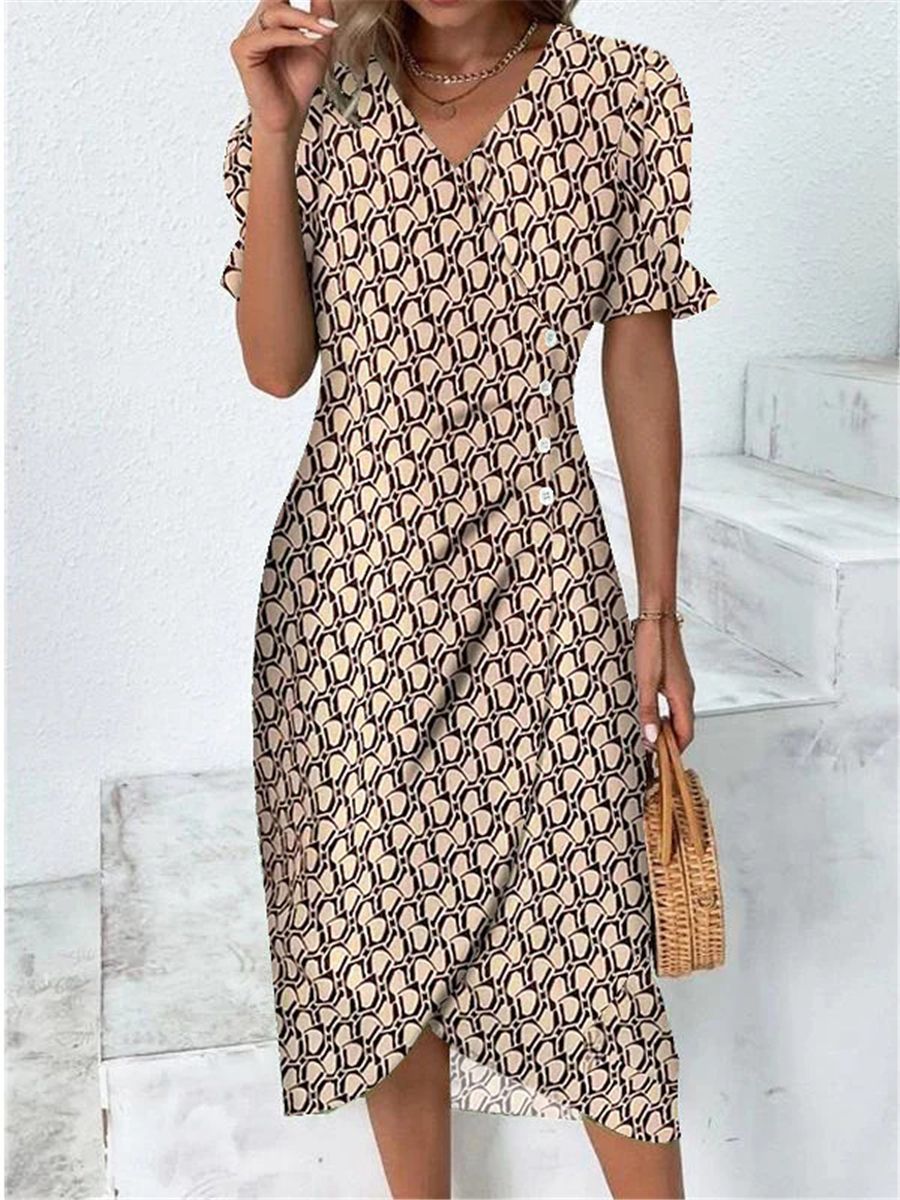 New V-neck Printed Button Irregular Hem Dress