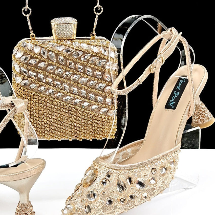 Large Rhinestone High Heel Sandals Three-dimensional Tassel Handbag Set