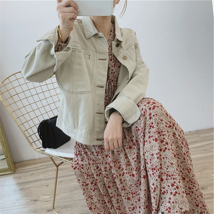 Western beige denim short coat women