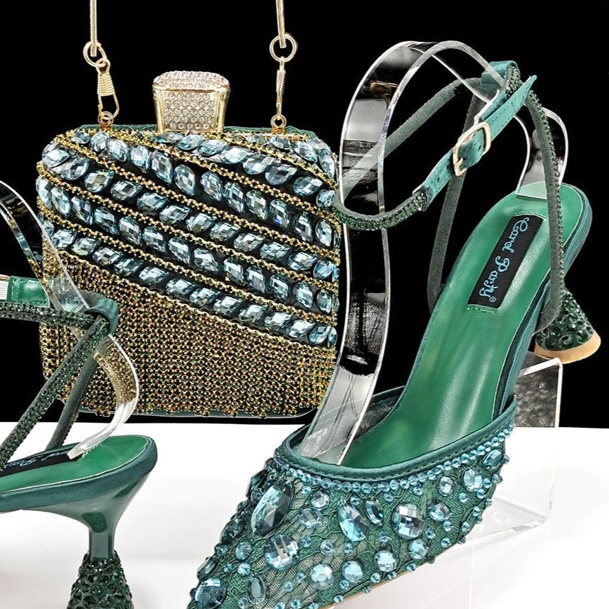 Large Rhinestone High Heel Sandals Three-dimensional Tassel Handbag Set