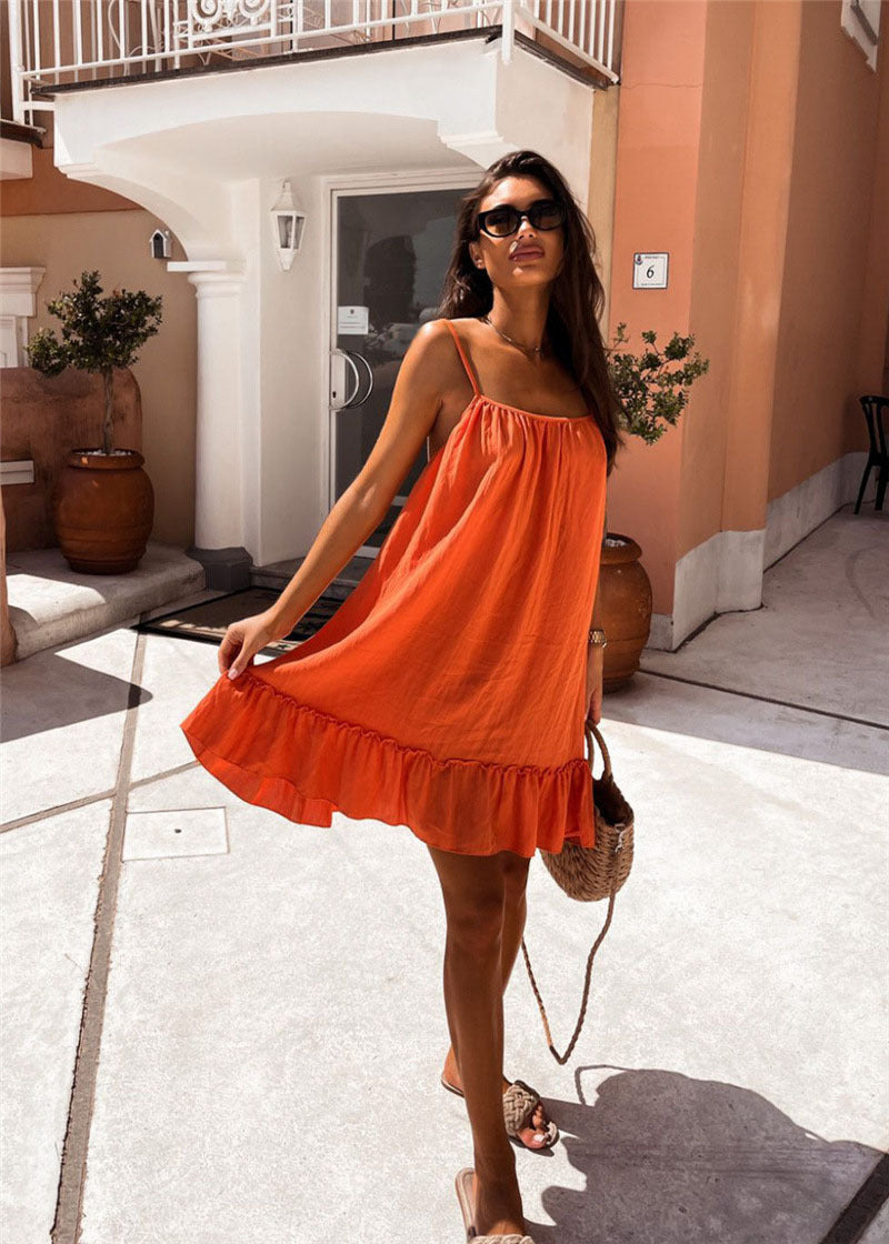 Solid V-neck Open Back Loose Ruffled Dress