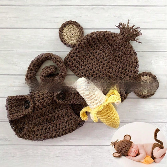 Newborn Monkey Banana Suit Knitted Handmade Sweater Photography Props