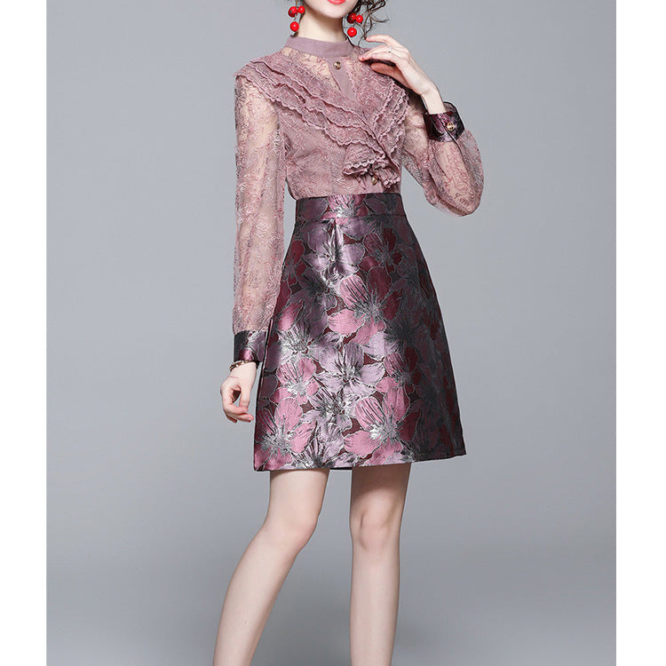 Embroidered Lace Patchwork Long Sleeve Dress Slim A-Line Skirt