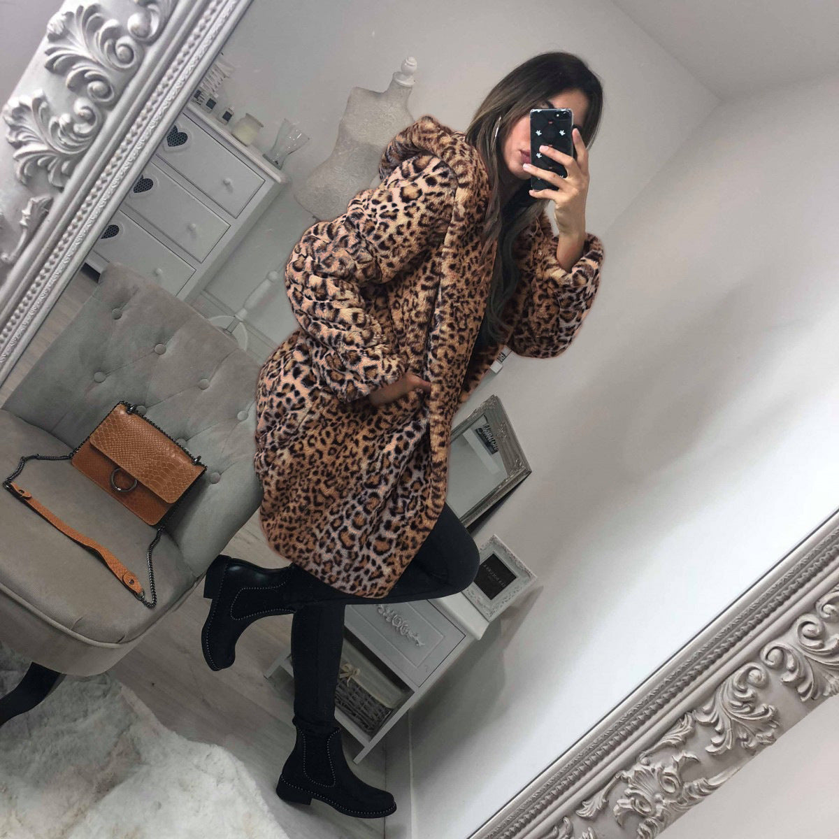 Women's Mid-Length Loose Loose Hat Leopard Coat Coat Women