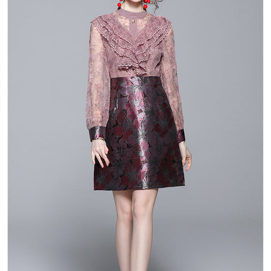 Embroidered Lace Patchwork Long Sleeve Dress Slim A-Line Skirt