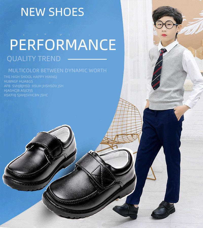 Boys Black Student Velcro British Leather Shoes