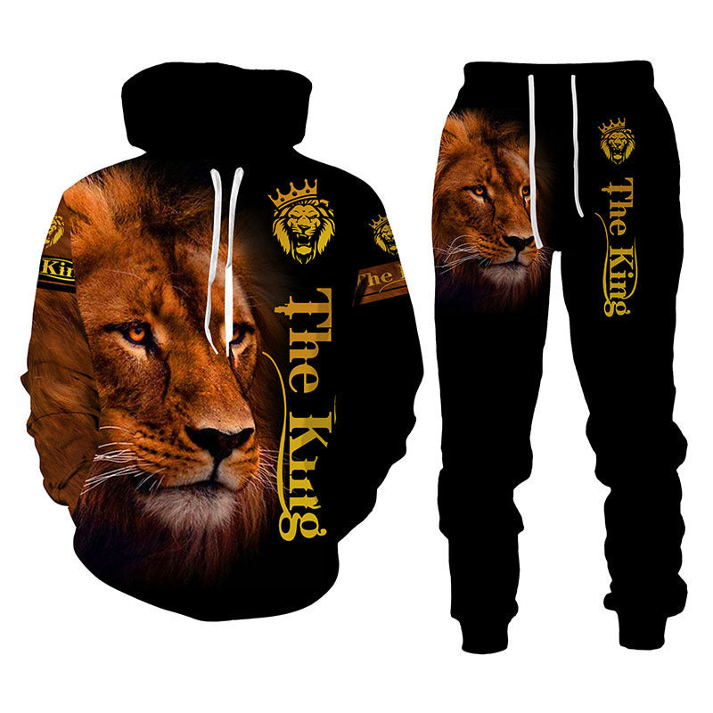 Lion Print Men Hooded Sweatshirt Set