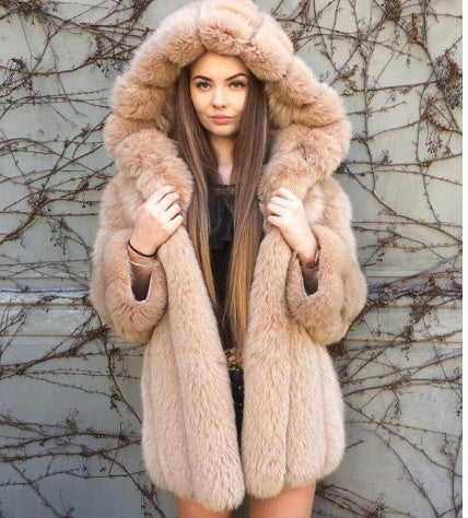 Faux fur hooded coat for women