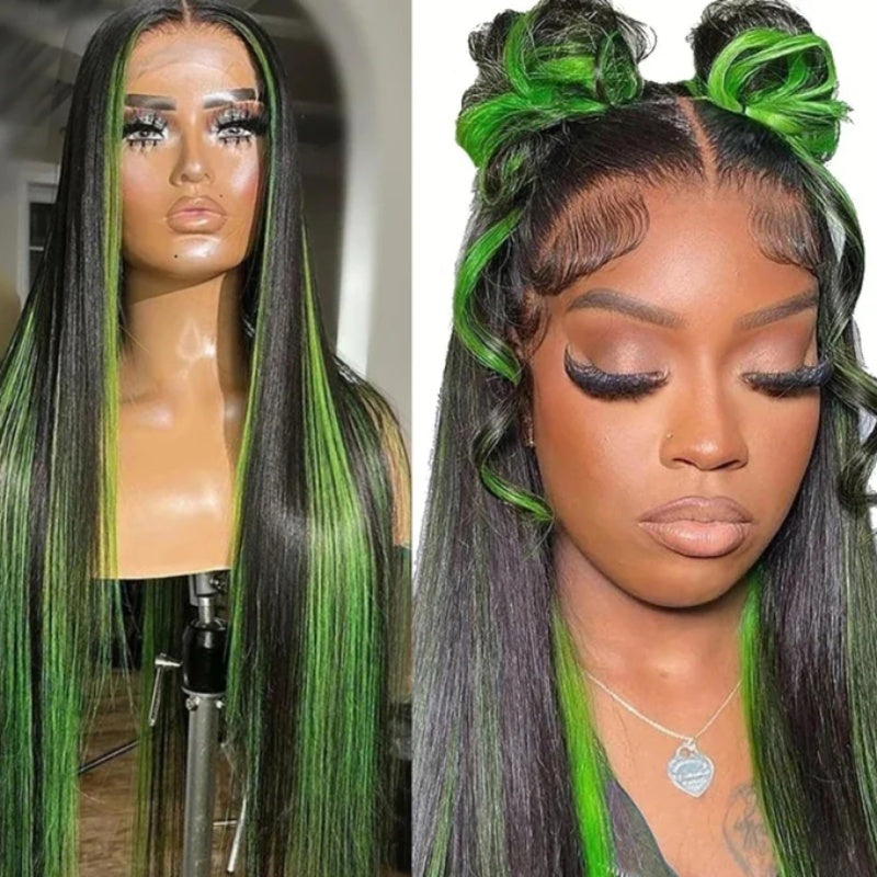 Green Highlight Straight Hair Lace Wig