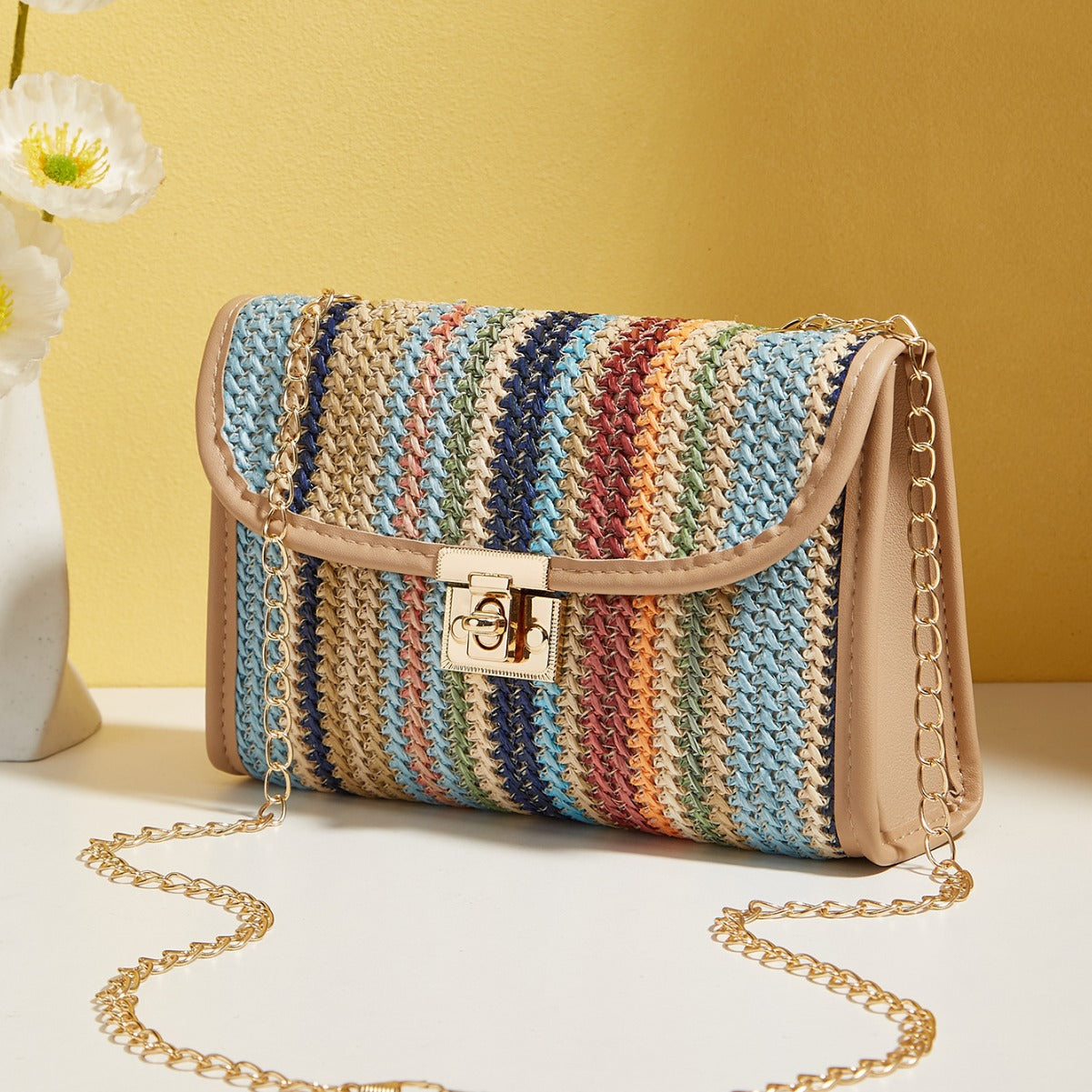 Woven Rainbow Fashion Crossbody Chain Square Bag