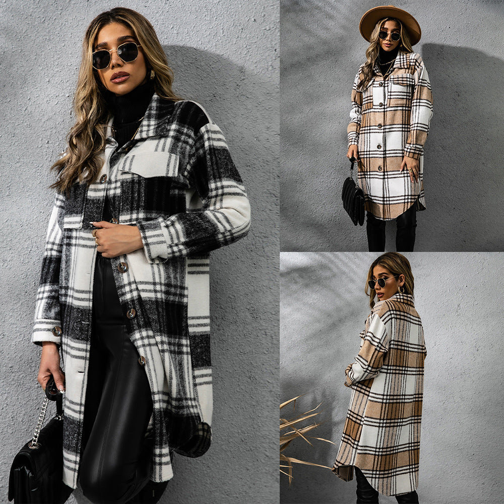 Fashion Plaid Single Row Button Coarse Wool Coat For Women