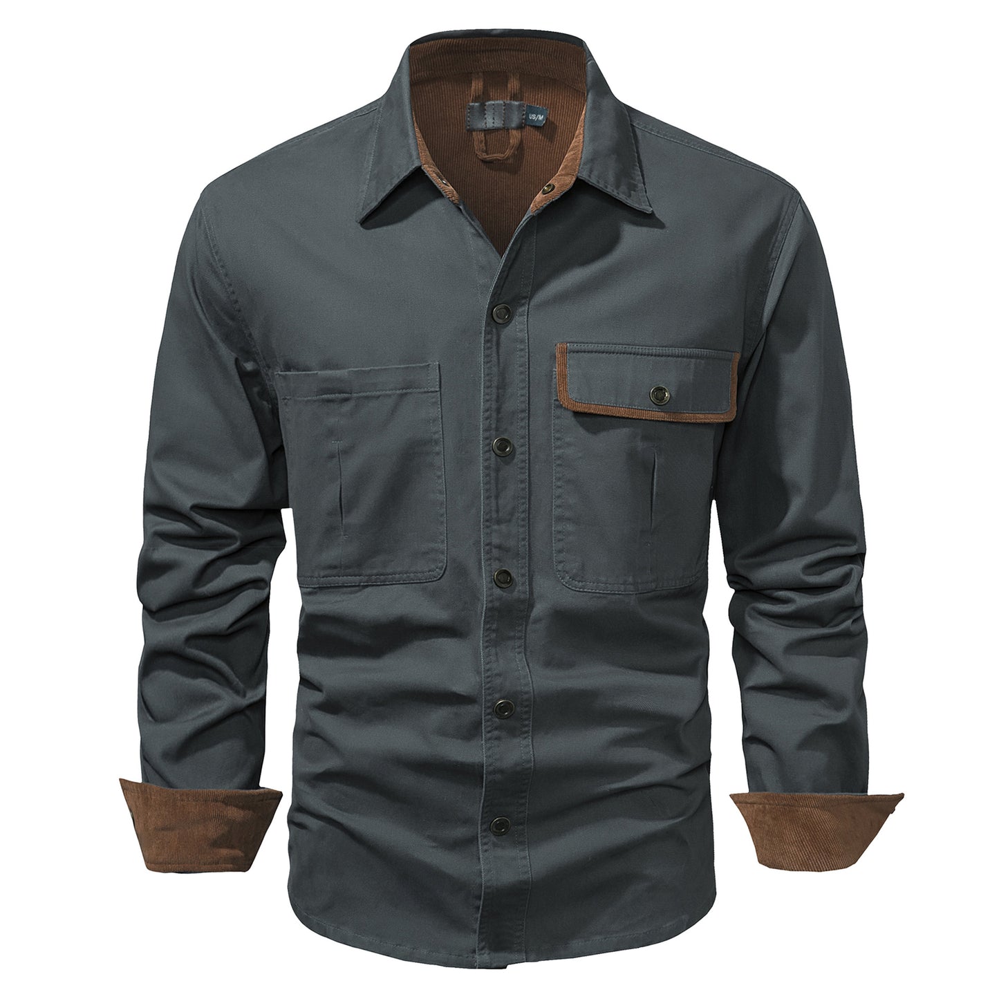 Washed Cotton Plus Size Solid Color Polo Collar Men's Long Sleeve Shirt