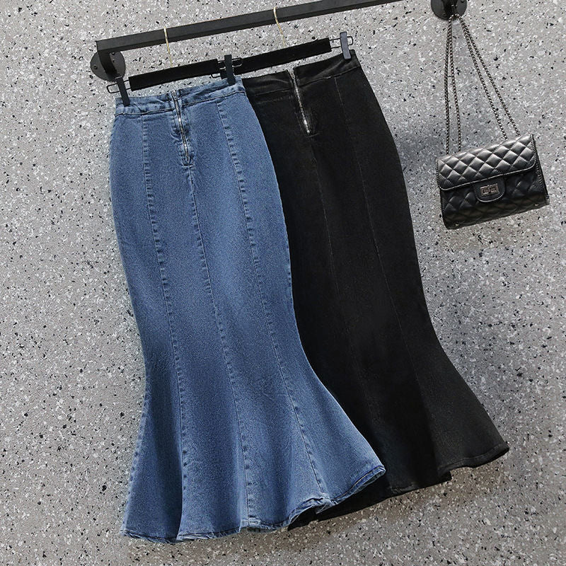 Denim Women's Ruffled Denim Skirt High Waist Slimming Stretch Midi Skirt