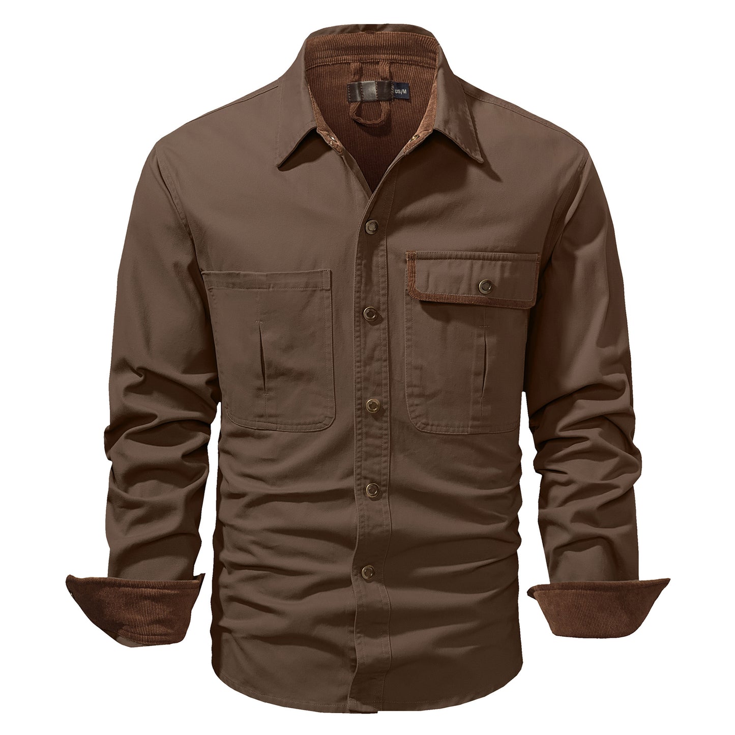 Washed Cotton Plus Size Solid Color Polo Collar Men's Long Sleeve Shirt