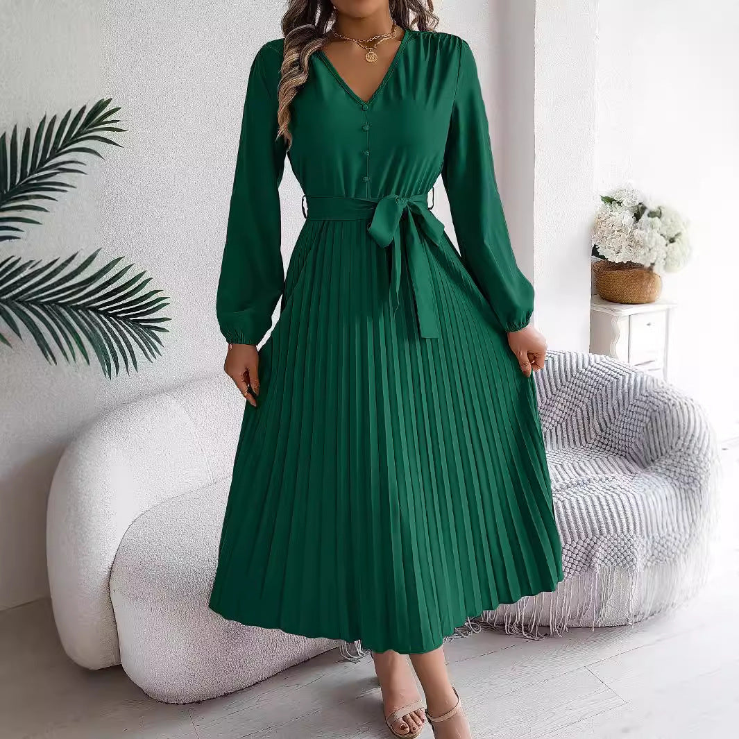 Elegant Elegant V-neck Button Lace-up Large Hem Pleated Maxi Dress