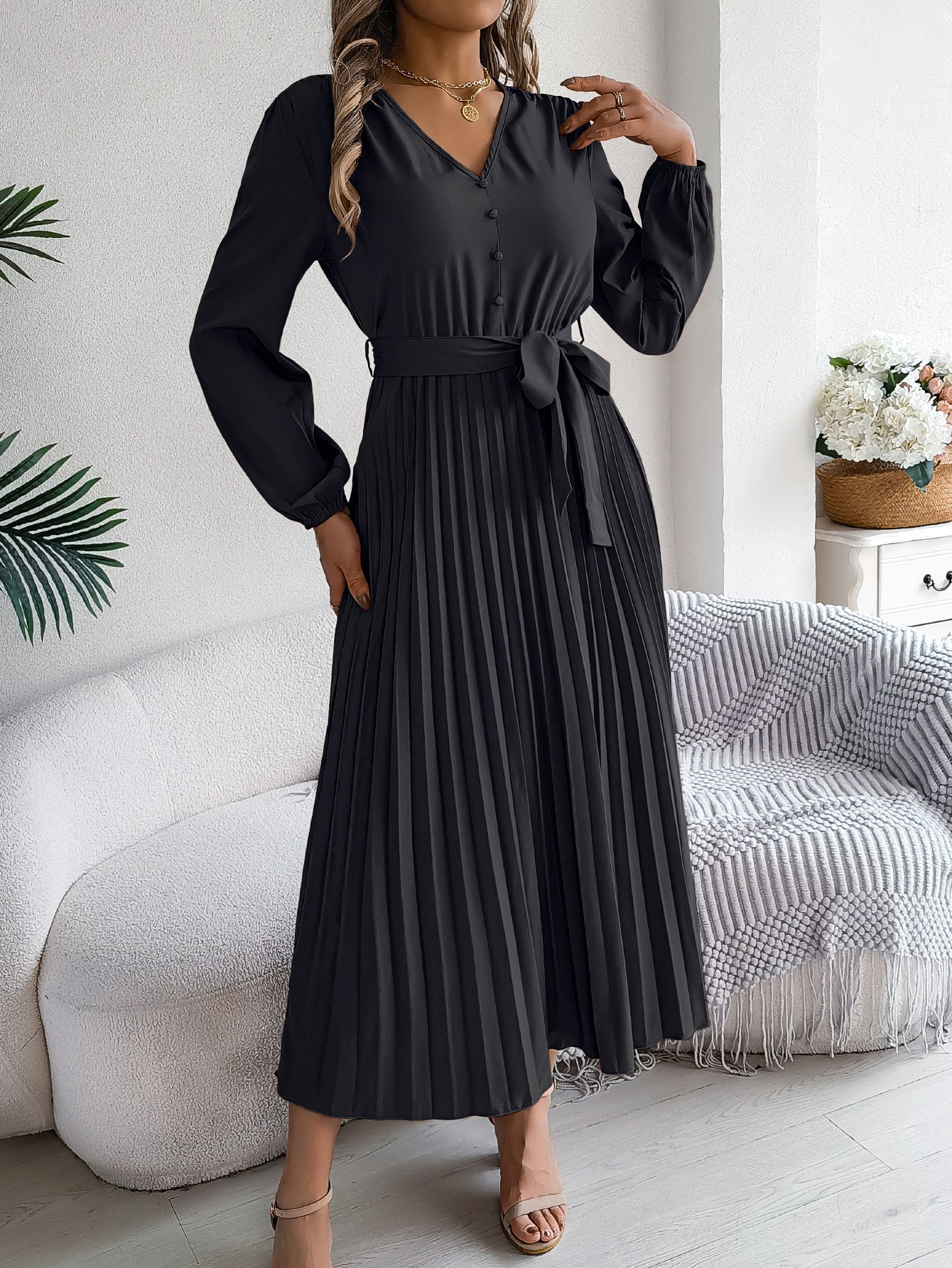 Elegant Elegant V-neck Button Lace-up Large Hem Pleated Maxi Dress