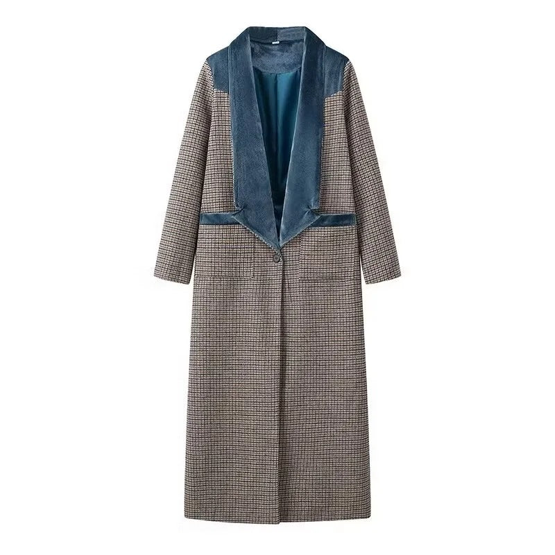 Color Matching Plaid Woolen Coat Women