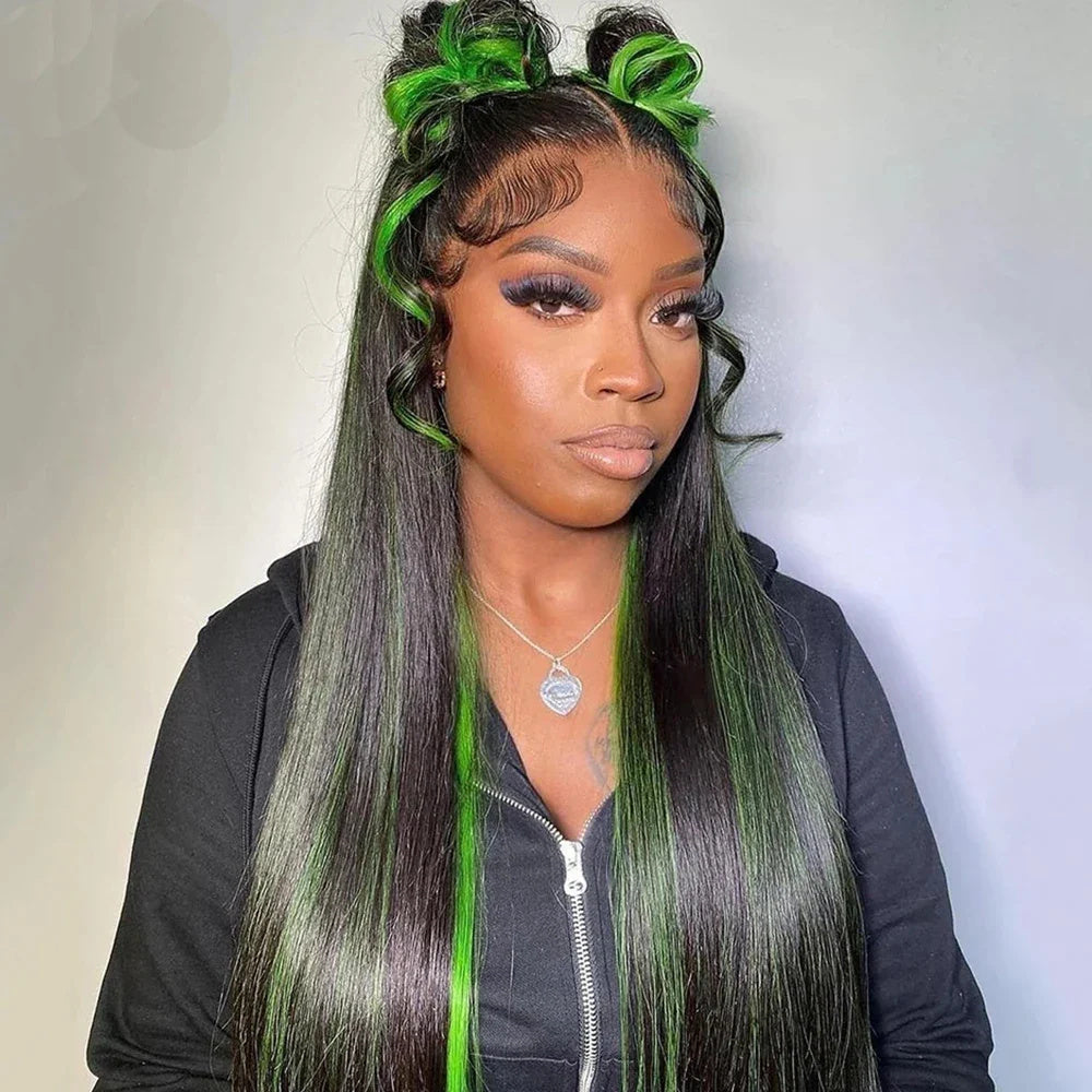 Green Highlight Straight Hair Lace Wig