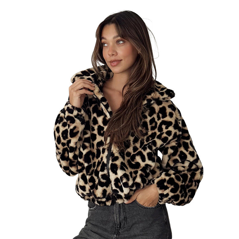 Loose Leopard Print Short Plush Coat For Women