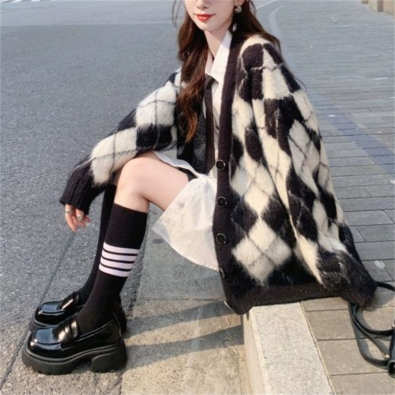 Plaid Knitted Cardigan Coat For Women