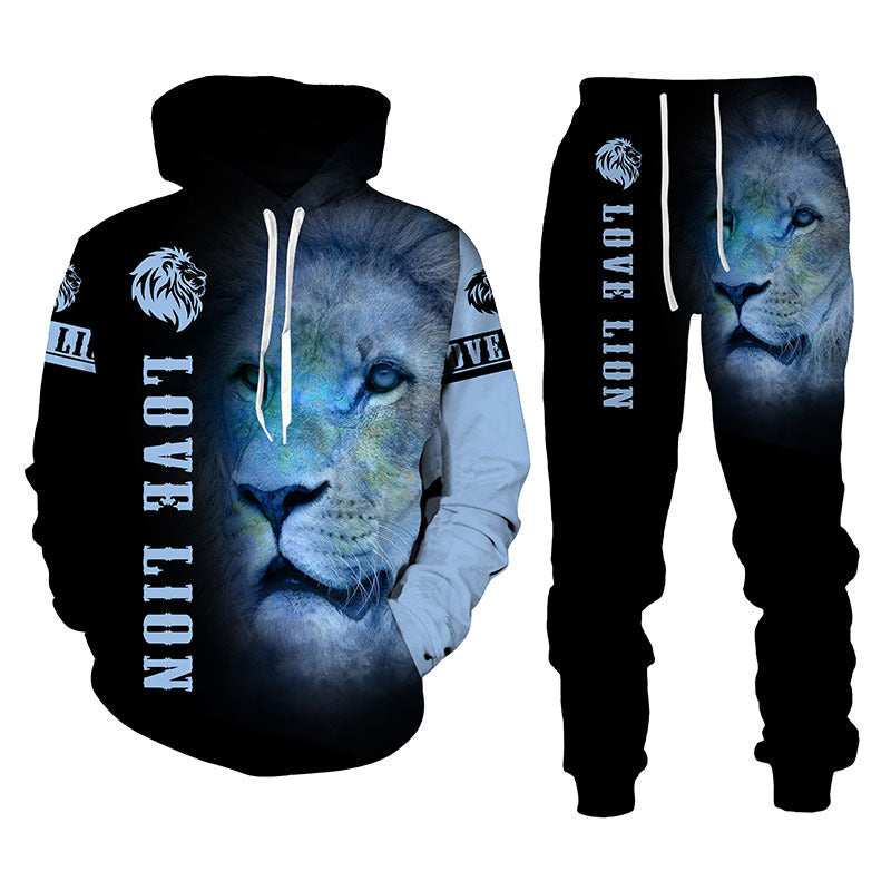 Lion Print Men Hooded Sweatshirt Set