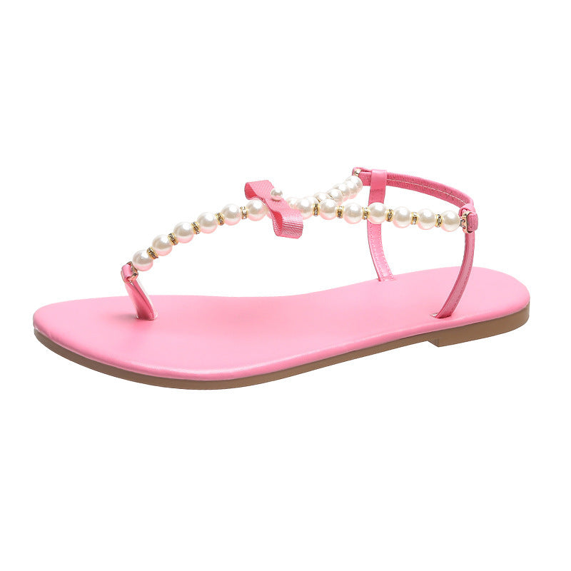 Pearl Thong Sandals Summer Women's Flat Flip-on Beaded Roman Shoes