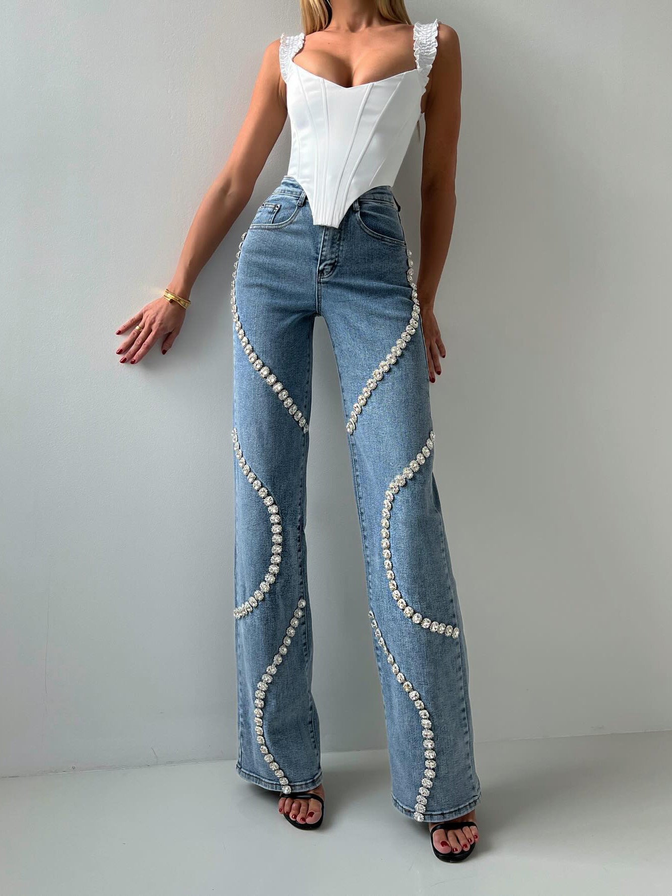 Fashion Women Clothing Loose Straight-cut Rhinestone Jeans With Design Sense