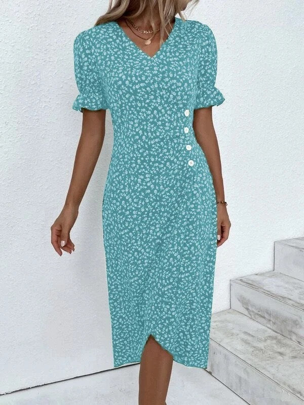 New V-neck Printed Button Irregular Hem Dress