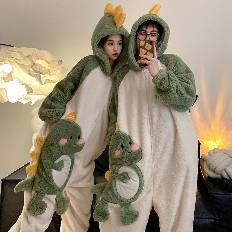 Cute Cartoon Jumpsuit Homewear Couple One-piece Nightgown Coral Fleece Winter Thickened Plush Pajamas For Women Home Clothes