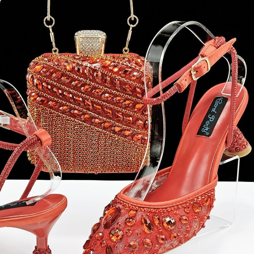 Large Rhinestone High Heel Sandals Three-dimensional Tassel Handbag Set