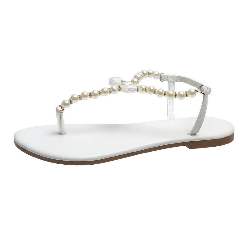 Pearl Thong Sandals Summer Women's Flat Flip-on Beaded Roman Shoes