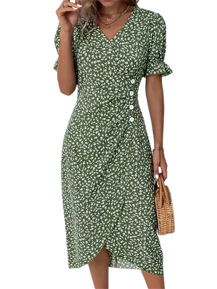 New V-neck Printed Button Irregular Hem Dress