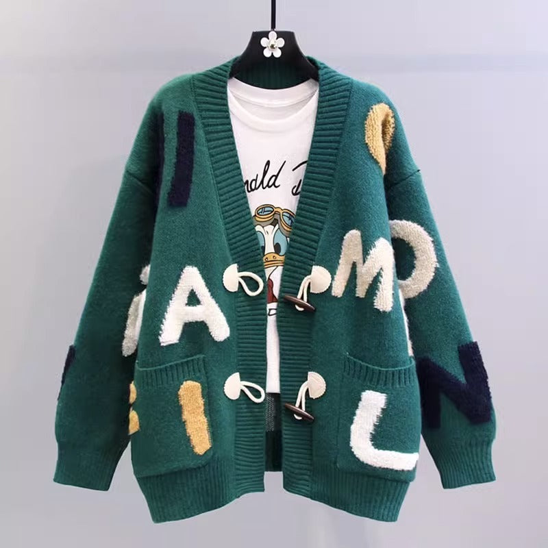 Horn Button Letter Sweater Coat For Women