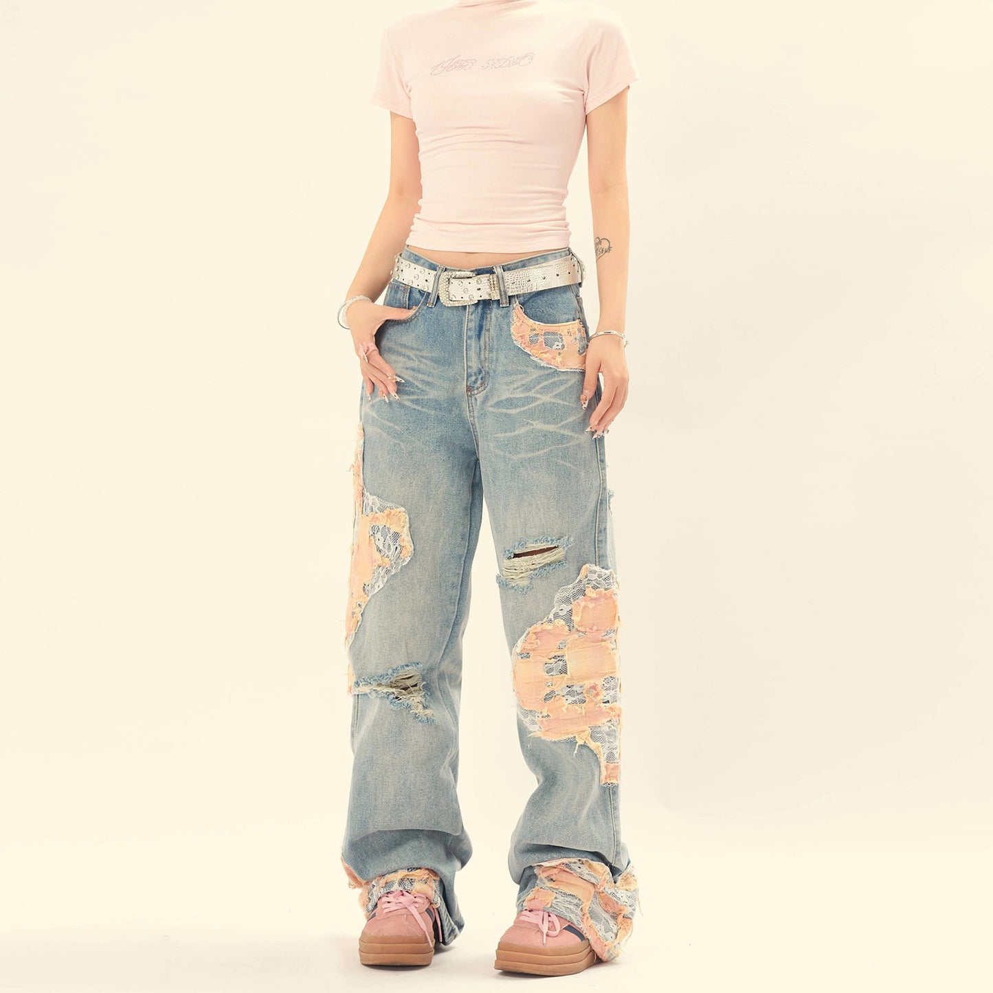 Women's Vintage Lace Stitching Ripped Jeans