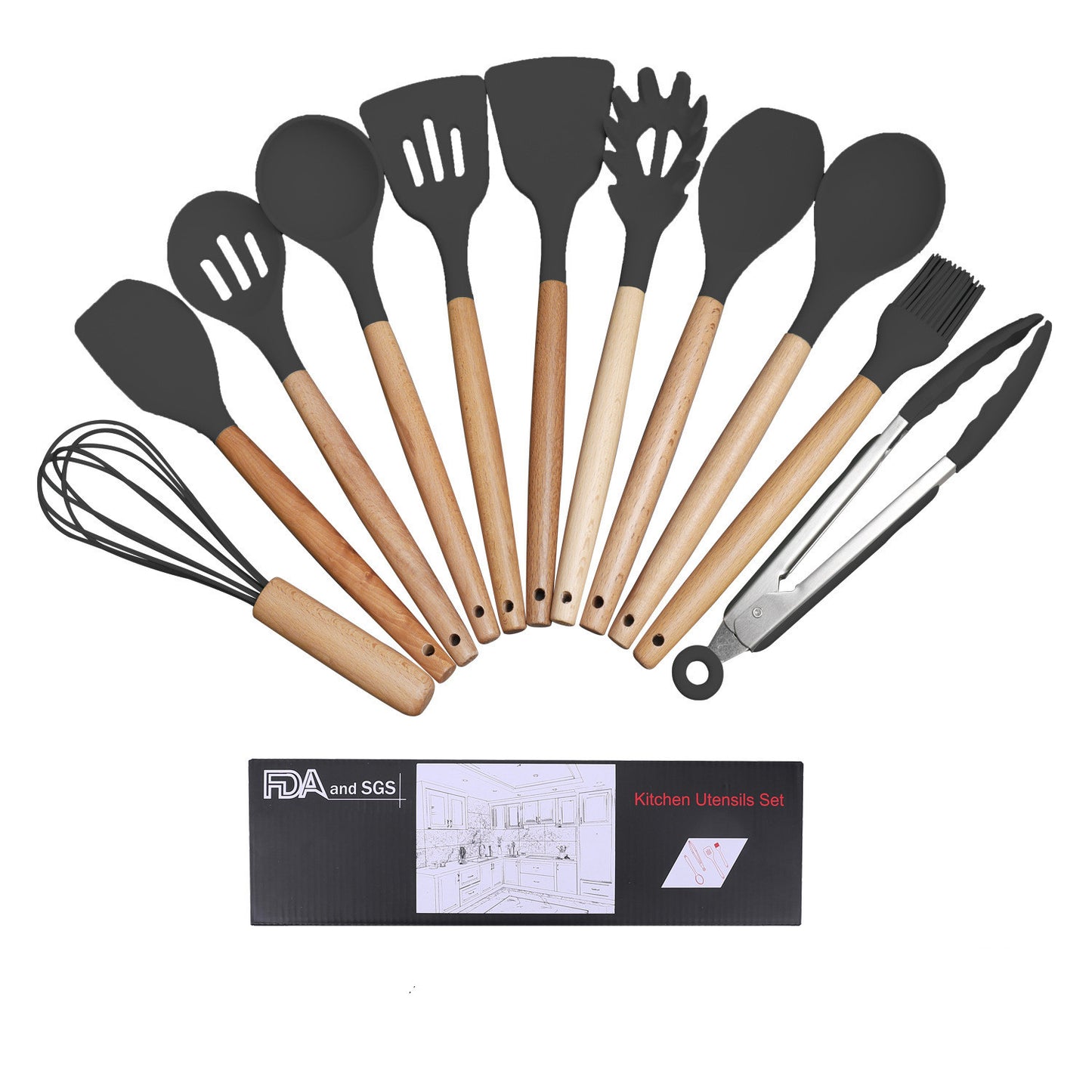 Wooden Handle Silicone Cooking Utensils Set