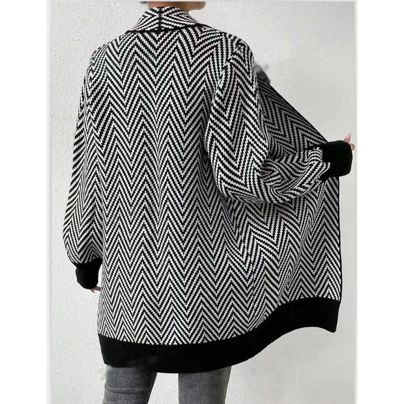 Striped Contrast Color Brocade Sweater Coat For Women